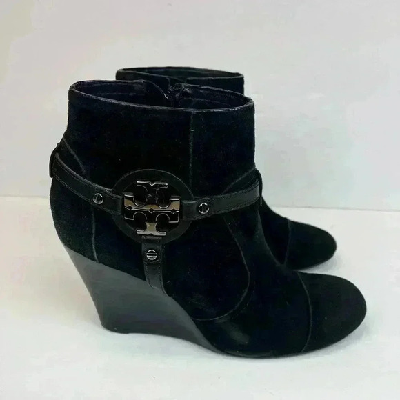 Tory Burch Shoes - Tory Burch Aaden Women's 9.5 M Ankle Boots Black Suede Harness Logo Emblem Wedge